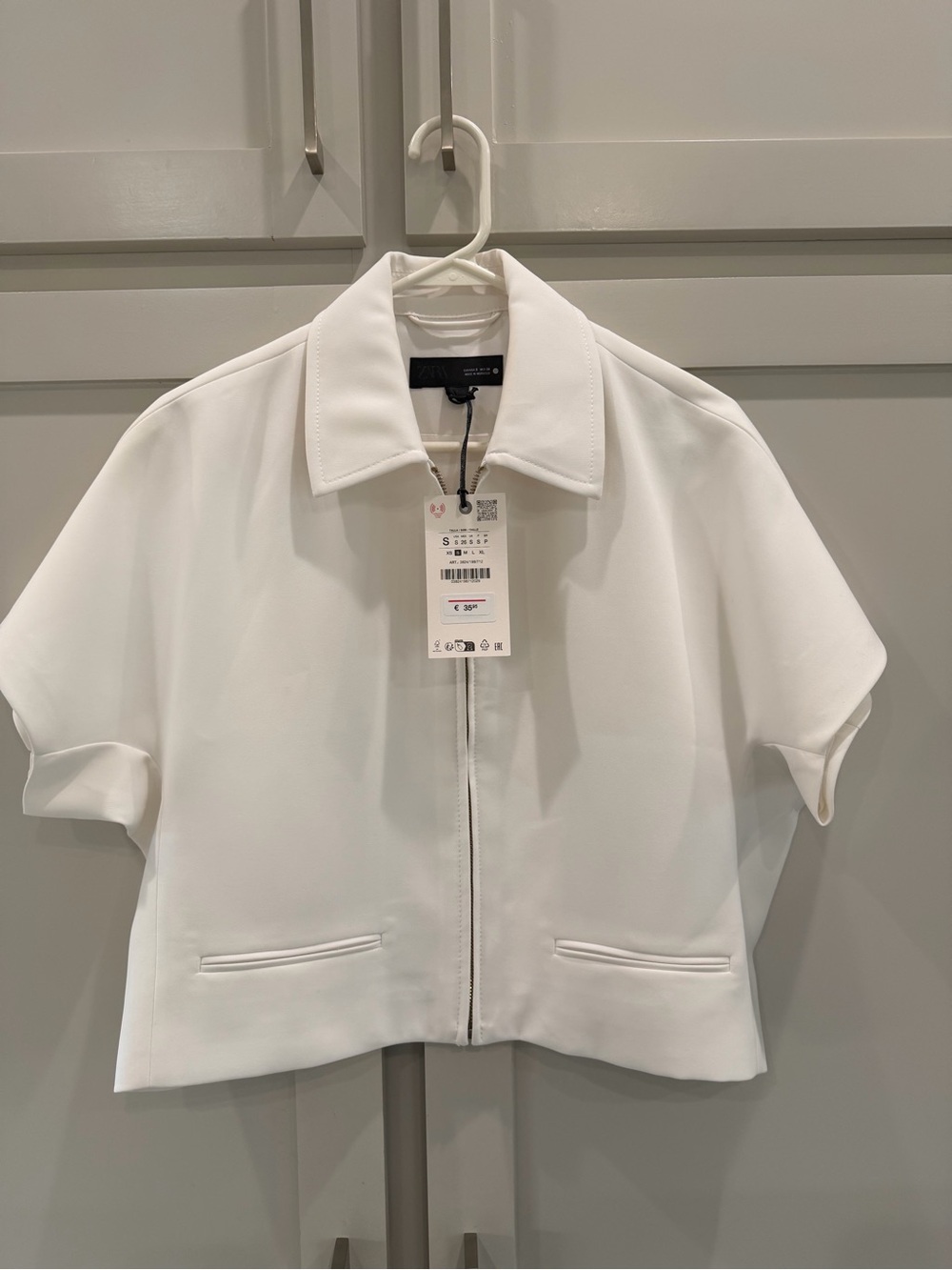 Zara White Zip-Front Short-Sleeve Blazer